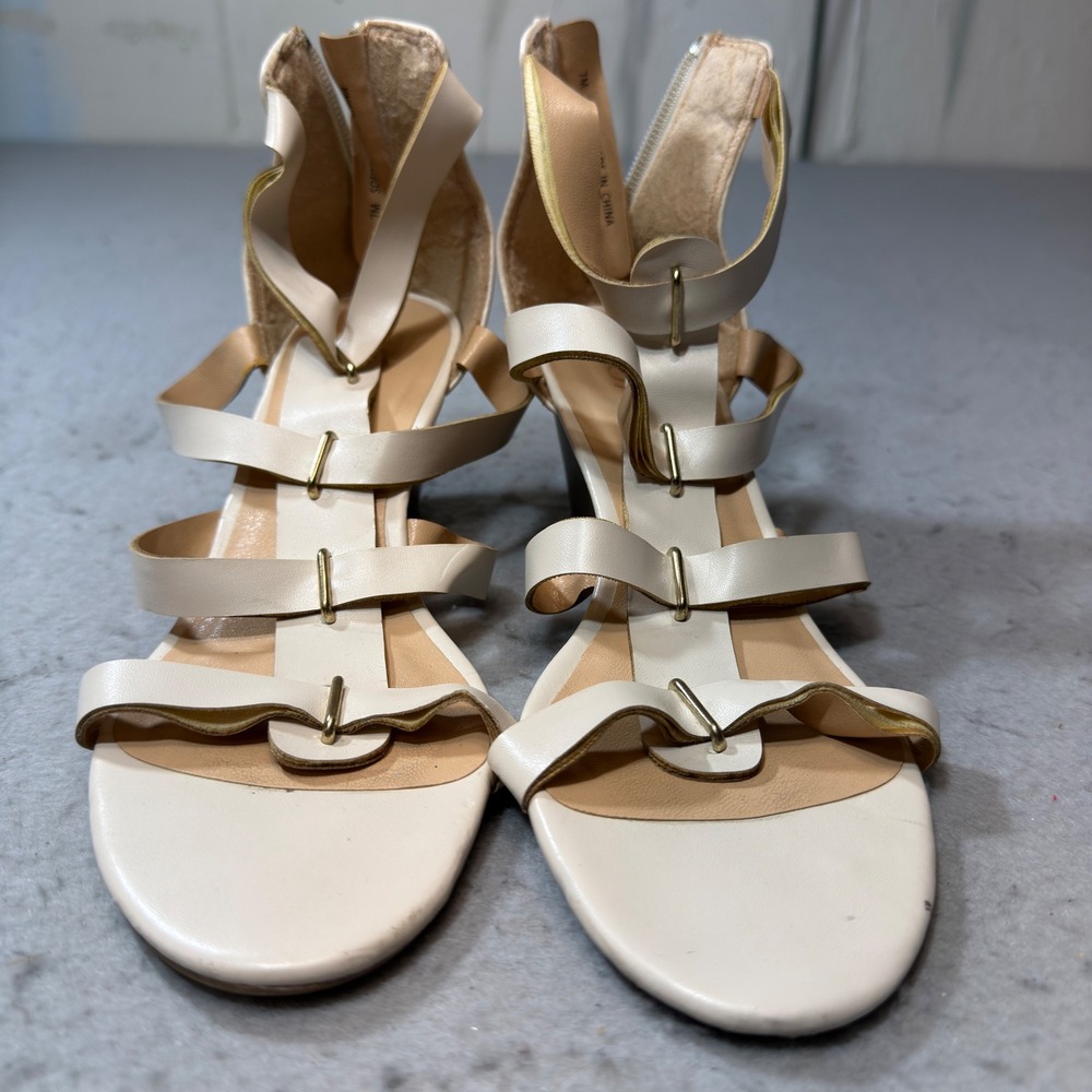 XOXO Sofiya Wedge Sandal Women 7M Cream Multi-Strap Gladiator Gold Back Zip Shoe